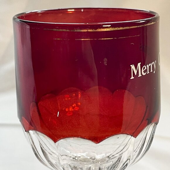 Merry Christmas Vintage Ruby Red and Clear Glass Goblet - Picture 2 of 5